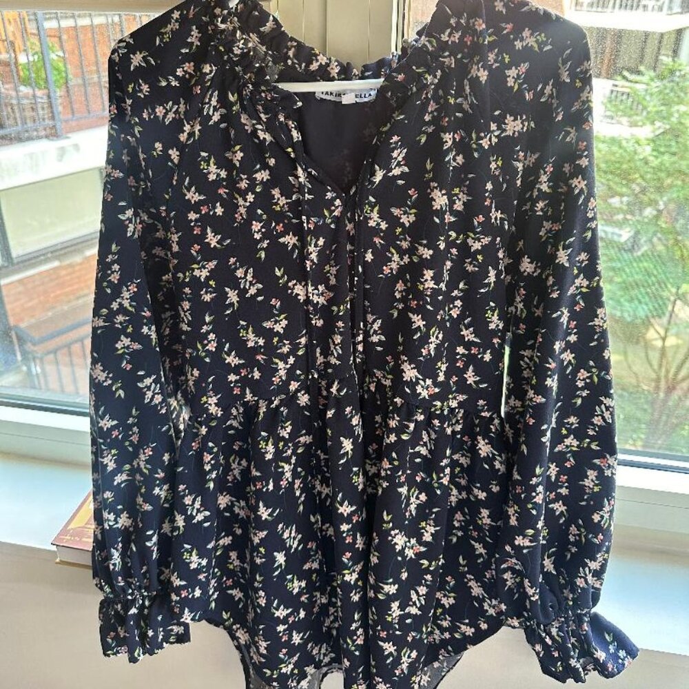 Navy Floral Long Sleeve Blouse with Ruched Sleeves